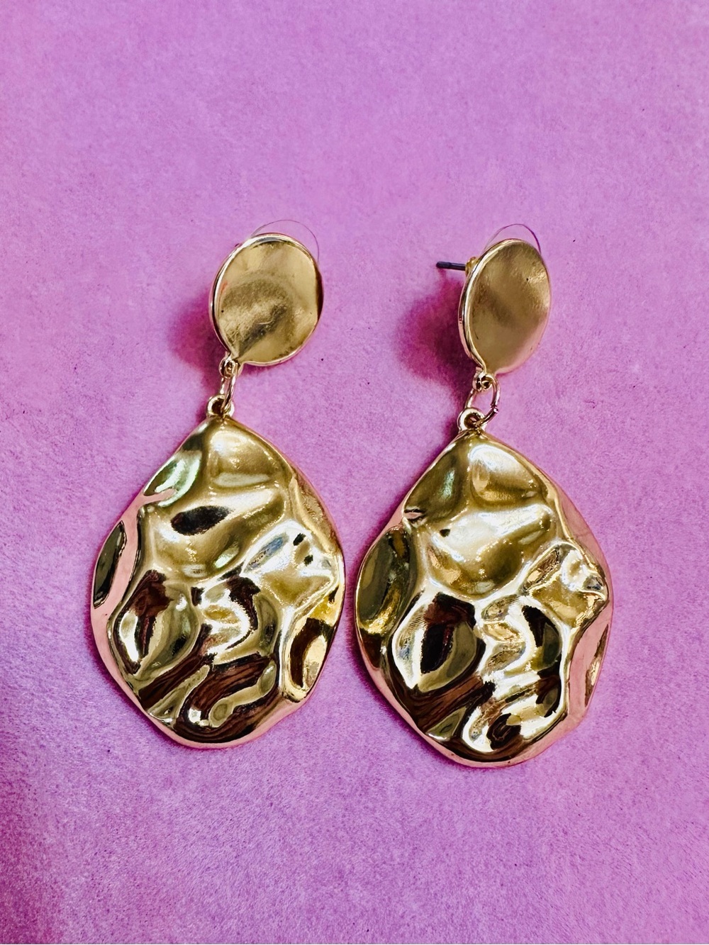 Gold Tone Hammered Statement Dangle Earrings